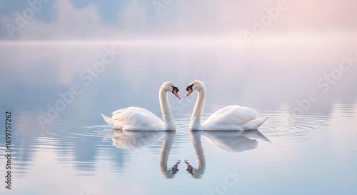 Fototapeta Naklejka Na Ścianę i Meble -  Two elegant white swans gracefully glide on a tranquil, misty lake at sunrise, their reflections mirroring a moment of serene beauty and connection.