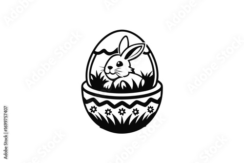 Cute Rabbit in Easter Egg with Floral Design on White Background