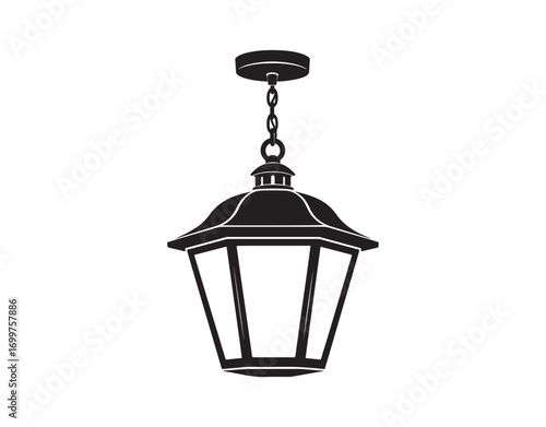 Retro lantern pendant light. Flat vector silhouette icon. Industrial rustic ceiling lamp for porch, hallway, entryway. A decor piece for both indoor and outdoor use.
