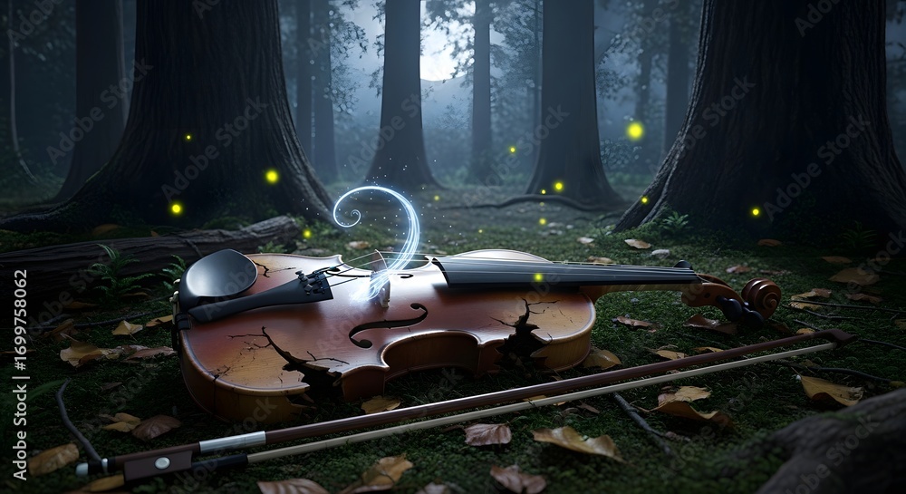 custom made wallpaper toronto digitalBroken violin with glowing magic in a dark forest cracked