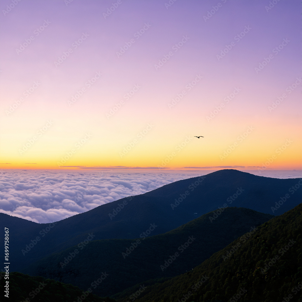 Naklejka premium Mountain Sunset with Bird Flying over Clouds