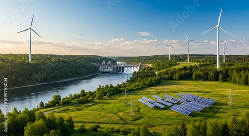 Aerial view showcasing a diverse clean energy landscape with a hydroelectric dam, wind turbines, and solar panels amidst lush green forests and a river under a bright sky, symbo...