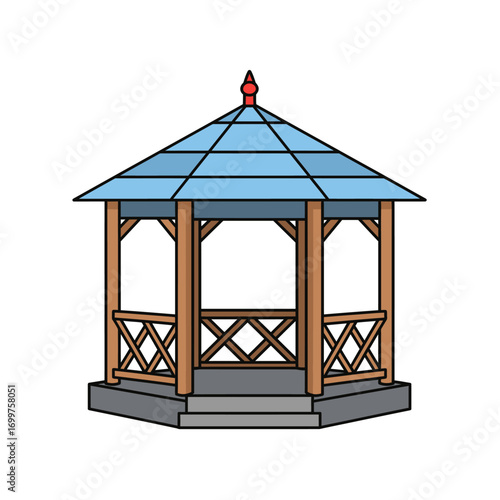 Illustrated Gazebo with Blue Roof and Red Finial Brown Wooden Posts.