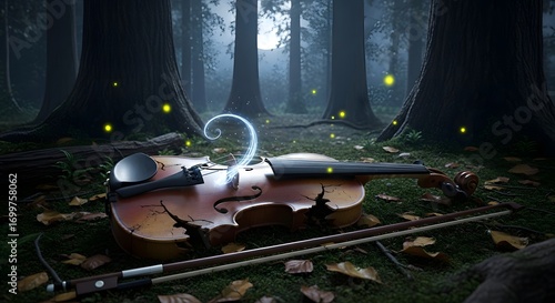 Wallpaper Mural Broken violin with glowing magic in a dark forest cracked Torontodigital.ca