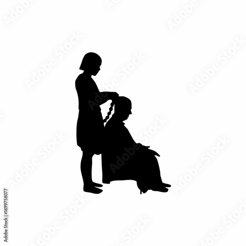 Silhouette of granddaughter braiding grandmother s hair isolated on white background