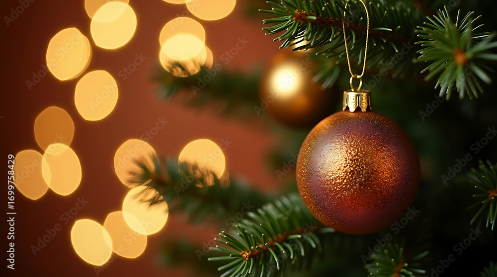 Obraz premium Close up of a decorated Christmas tree with a bronze bauble and bokeh lights decoration ornament