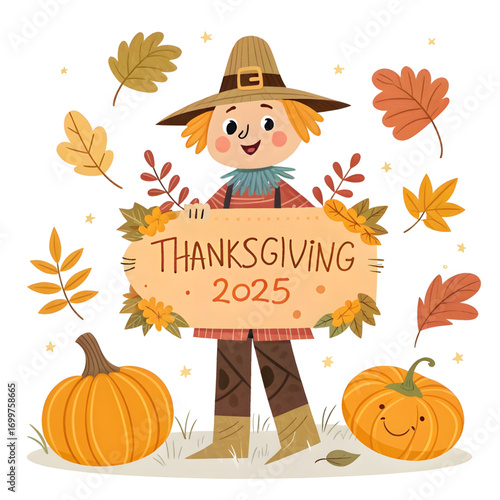 Happy scarecrow thanksgiving 2025 autumn harvest celebration fall festival cartoon illustration
