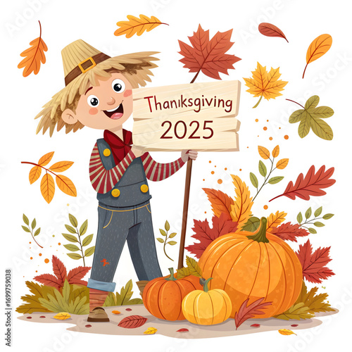 Happy scarecrow thanksgiving 2025 autumn harvest fall leaves pumpkins
