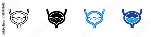 Bladder Multiple Style Icon Sheet Design Vector - Human bladder illustration with urine level, representing urinary system, nephrology, and anatomy