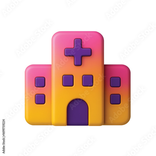 A vibrant 3D icon of a hospital building with a purple cross, featuring a pink, orange, and yellow gradient.