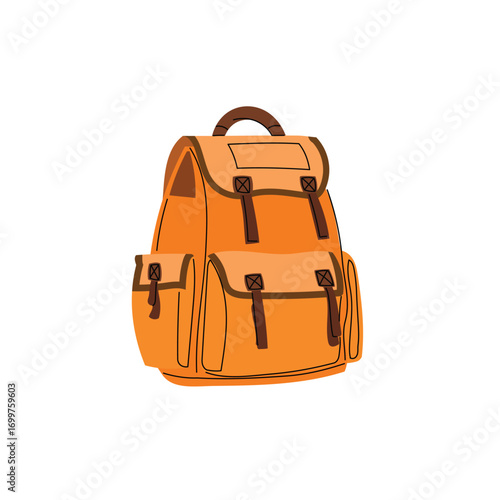 School orange backpack in flat modern design with outlines. Hand drawn schoolbag for kids materials, back to school visuals, education prints. Vector illustration.