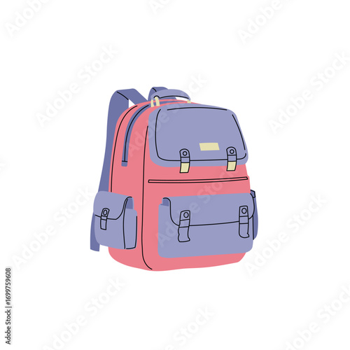 School girl's backpack in flat modern design with outlines. Hand drawn schoolbag for kids materials, back to school visuals, education prints. Vector illustration.