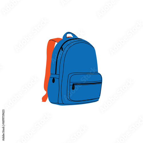 School blue backpack in flat modern design with outlines. Hand drawn schoolbag for kids materials, back to school visuals, education prints. Vector illustration.