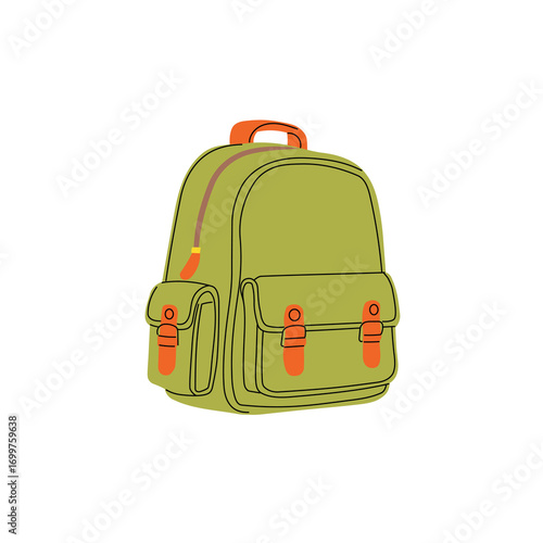 School green backpack in flat modern design with outlines. Hand drawn schoolbag for kids materials, back to school visuals, education prints. Vector illustration.