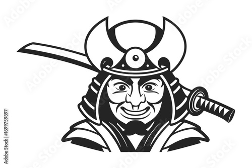 Detailed Samurai Warrior Portrait With Sword and Traditional Helmet