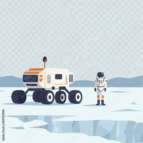 Astronaut and Robotic Space Rover Exploring Distant Icy Planet.