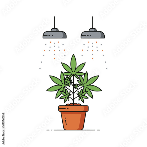 Potted Cannabis Plant with Grow Lights Flat Vector Illustration.
