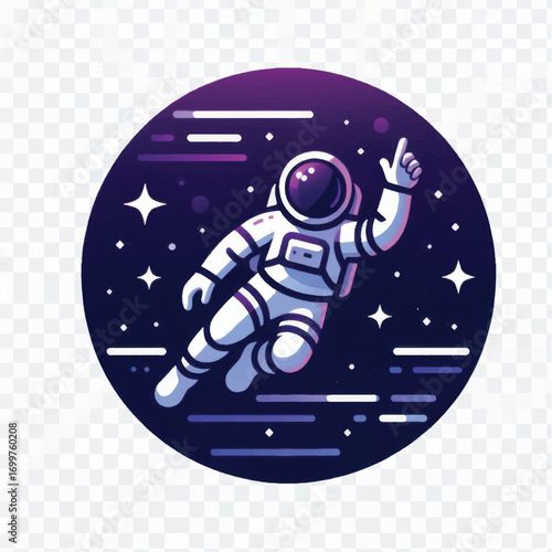 Astronaut floating in space pointing upwards with stars and lines.