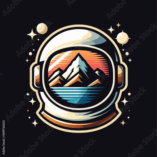 Astronaut helmet reflecting serene mountain landscape.