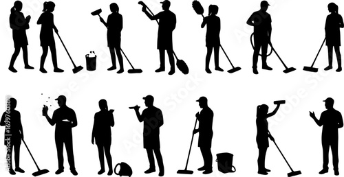 Silhouette illustration depicting various people performing cleaning activities with different equipment and tools | editable eps vectors
