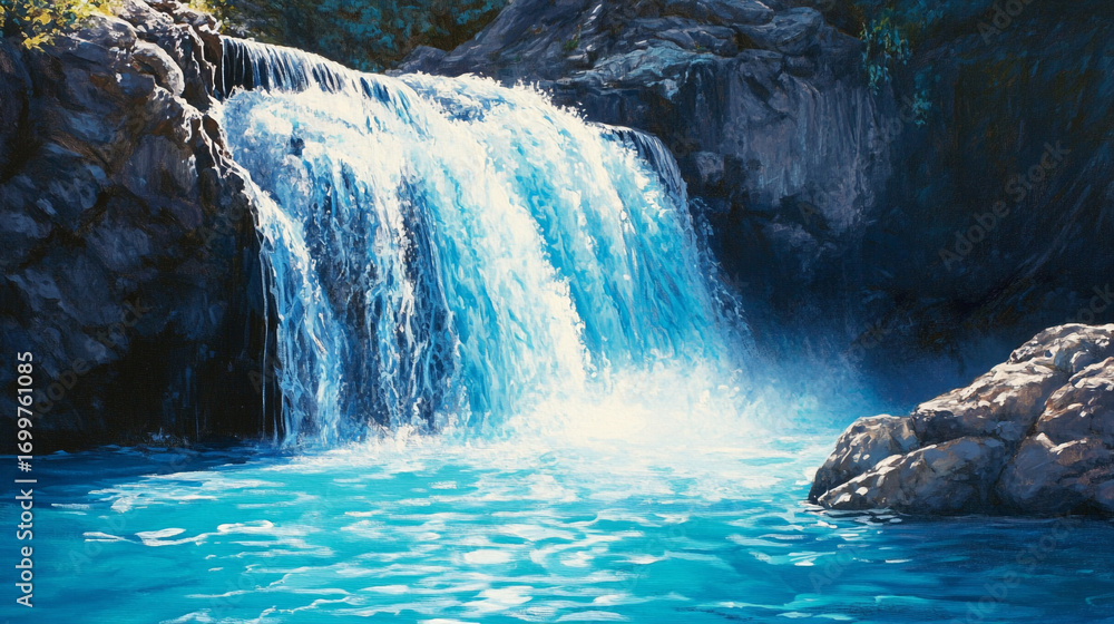 Naklejka premium Serene waterfall cascading into a turquoise pool surrounded by dark rocks sunlight illuminating the water