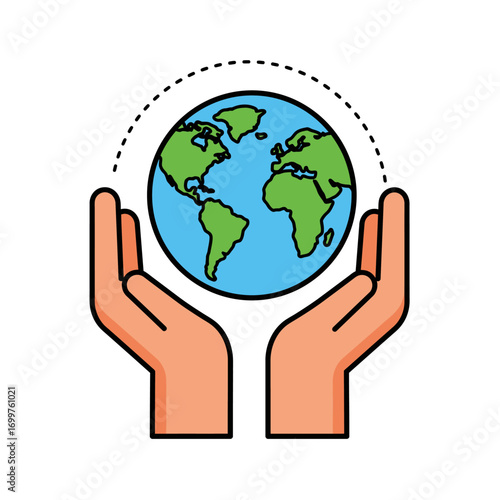 Stylized Earth Globe Held by Two Hands with Dotted Arc Above.
