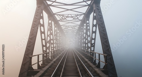 An old, sturdy railway bridge extends into a dense, mysterious fog, with tracks disappearing into the ethereal distance, creating an atmospheric and endless perspective.