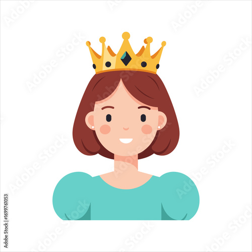 Smiling Cartoon Princess with Golden Crown and Teal Dress.