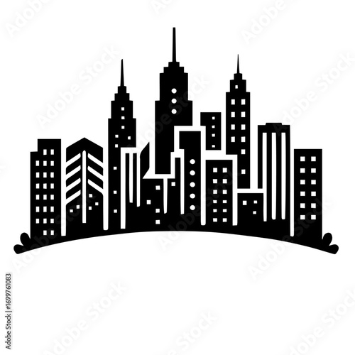 Black and white vector silhouette of city skyline on white background