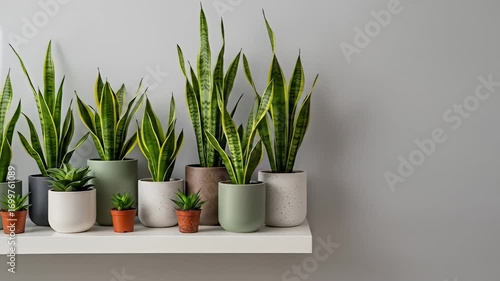 A vibrant display of various potted snake plants on a modern shelf against a neutral wall