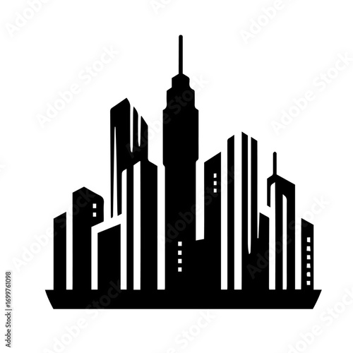 Black and white vector silhouette of city skyline on white background