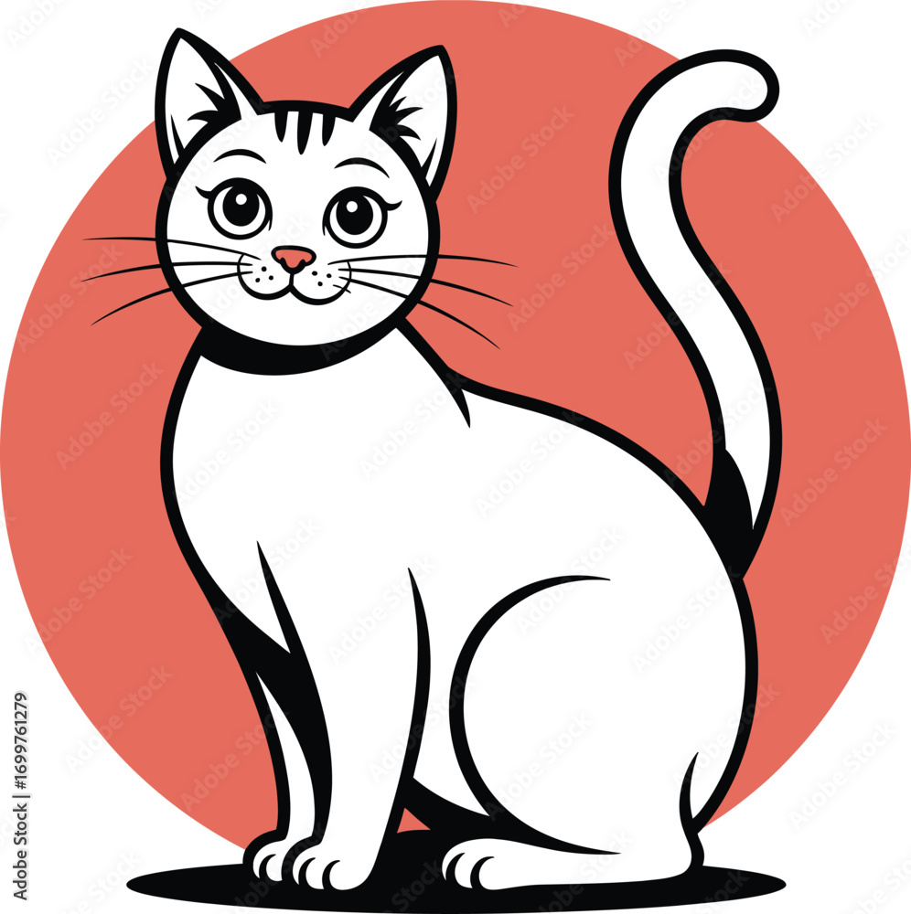 Obraz premium Cute White Cat Sitting with Red Background - Cartoon