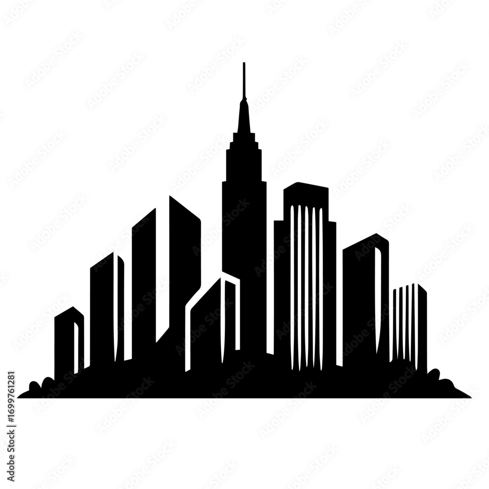 Obraz premium Black and white vector silhouette of city skyline on white background