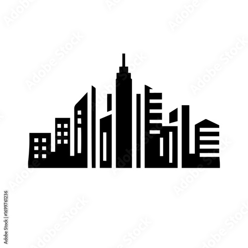 Black and white vector silhouette of city skyline on white background