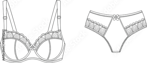cad drawing flat vector illustration, lingerie technical sketch, bra panty set, lace detail, underwire bra, fashion template, garment outline, intimate apparel, adjustable strap, 