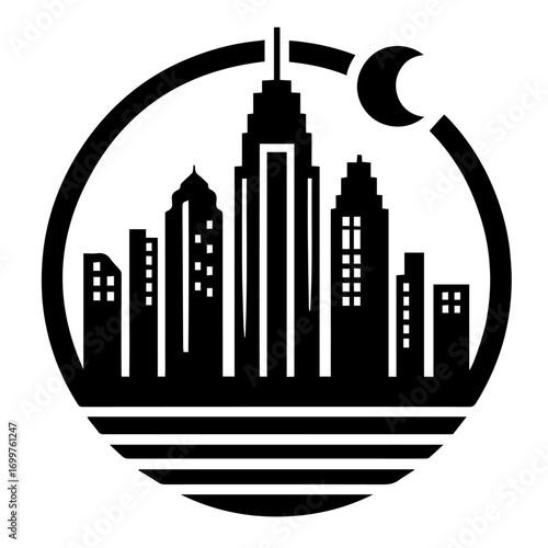 Black and white vector silhouette of city skyline on white background