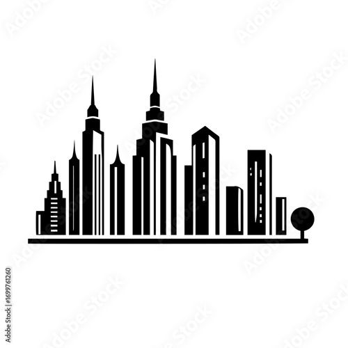 Black and white vector silhouette of city skyline on white background