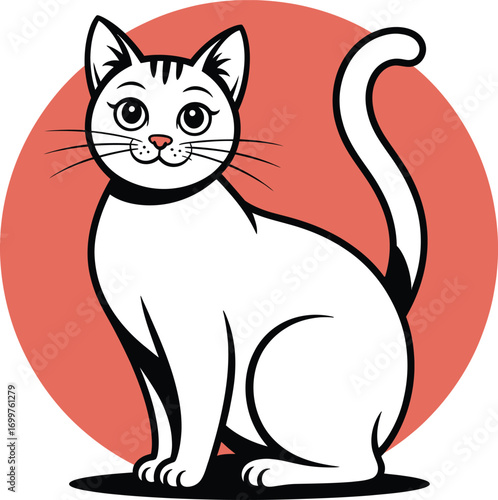 Cute White Cat Sitting with Red Background - Cartoon