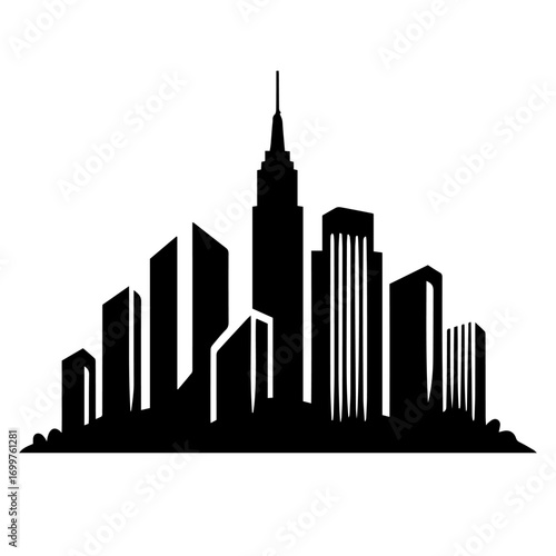 Black and white vector silhouette of city skyline on white background