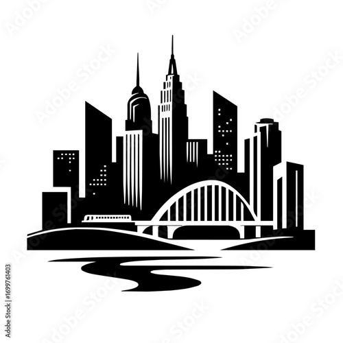 Black and white vector silhouette of city skyline on white background
