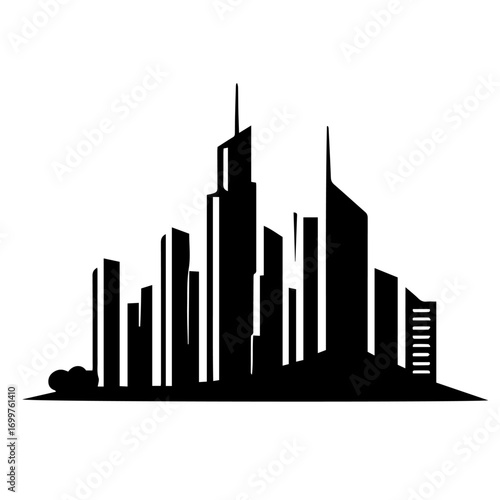 Black and white vector silhouette of city skyline on white background