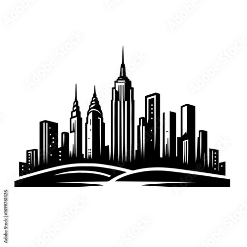 Black and white vector silhouette of city skyline on white background