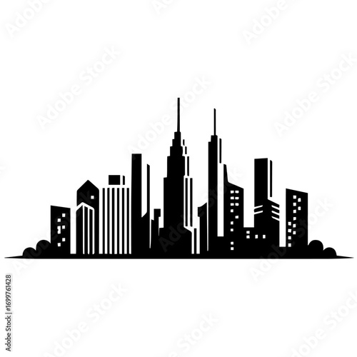 Black and white vector silhouette of city skyline on white background