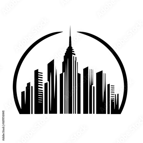 Black and white vector silhouette of city skyline on white background