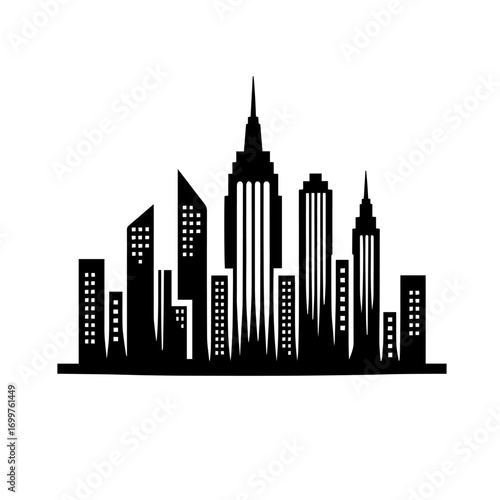 Black and white vector silhouette of city skyline on white background