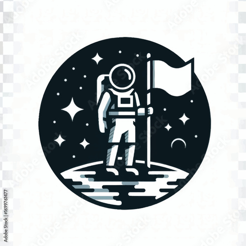 Astronaut planting flag on moon surface space exploration icon design.