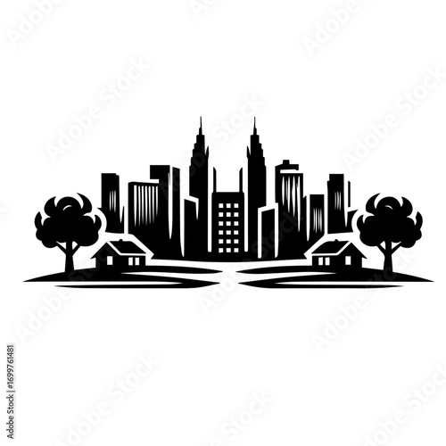 Black and white vector silhouette of city skyline on white background