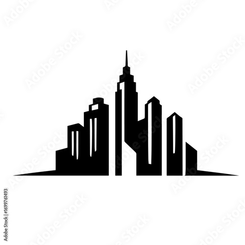Black and white vector silhouette of city skyline on white background
