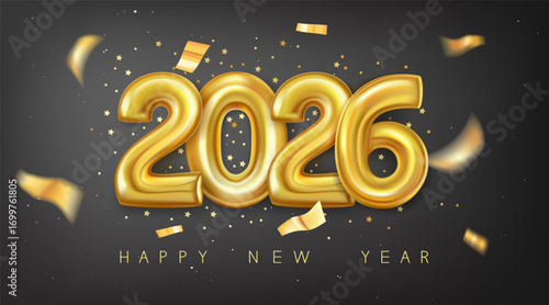 Happy new year 2026, realistic golden foil number balloons with serpentine, tinsel.
