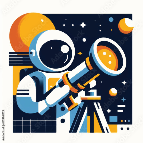 Astronaut using a telescope to explore space.